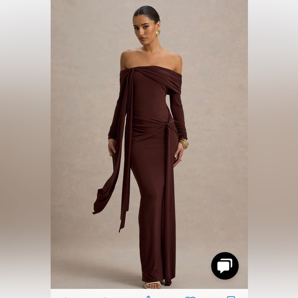 Club London JOVIE BROWN BARDOT WRAP MAXI DRESS WITH SASH DETAIL